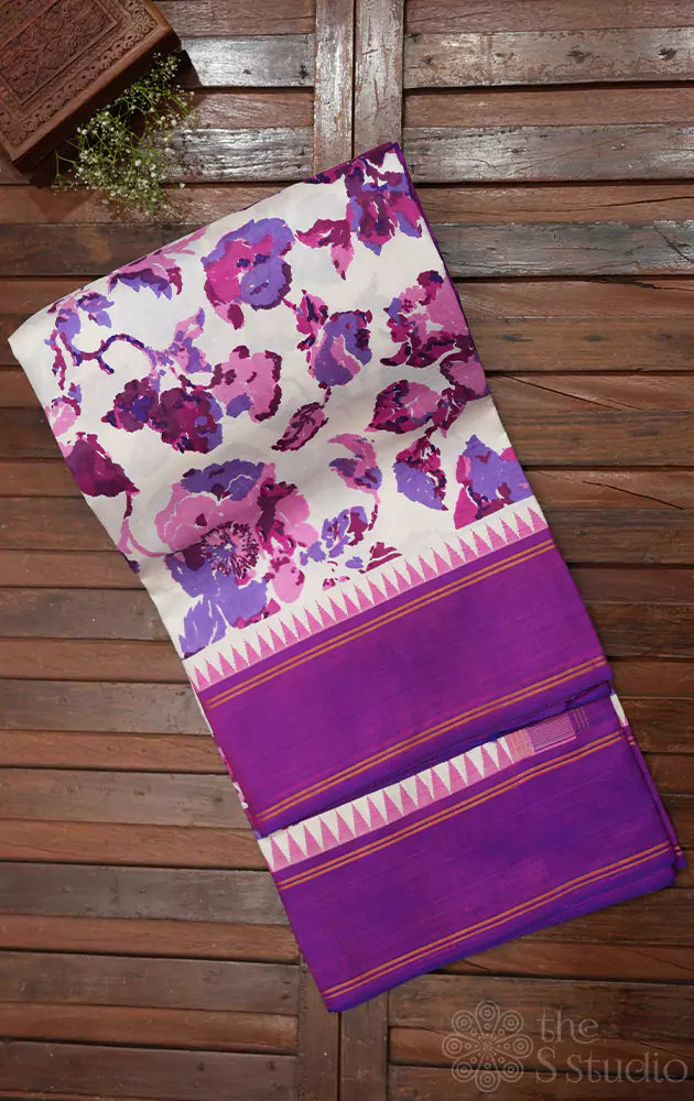 Shop white korvai kanchi silk saree with purple border