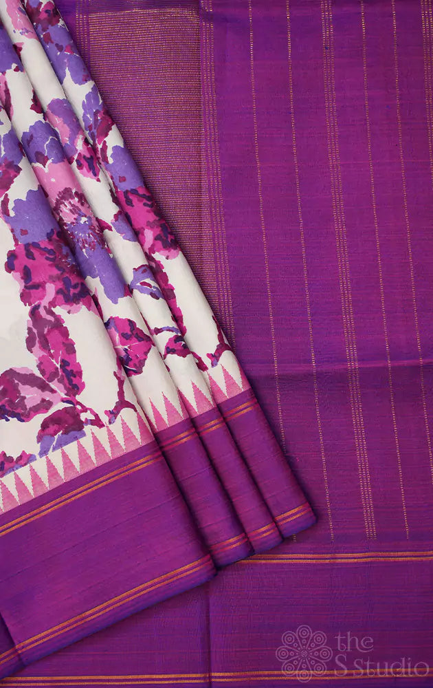 White korvai kanchi silk saree with floral prints and purple border