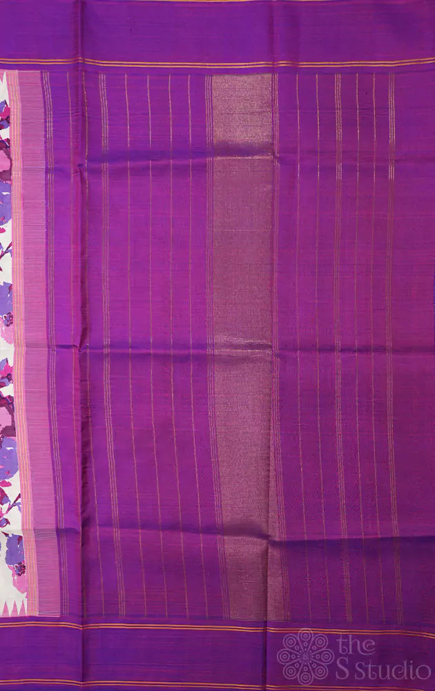 White korvai kanchi silk saree with floral prints and purple border