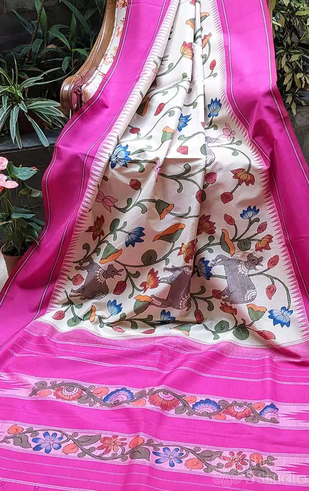 Off white kanchi silk saree with hand painted kalamkari