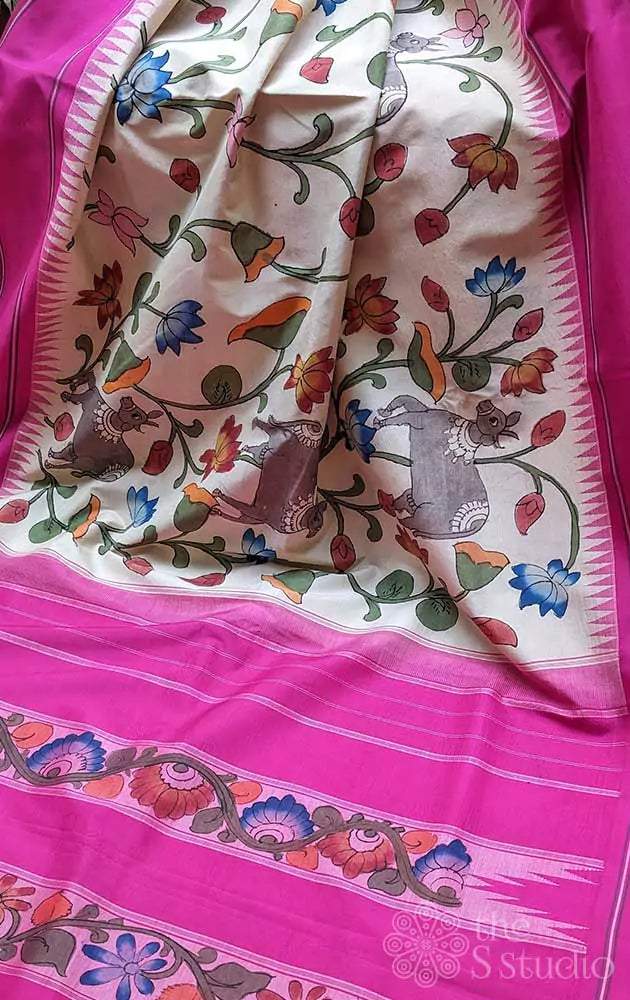 Off white kanchi silk saree with hand painted kalamkari