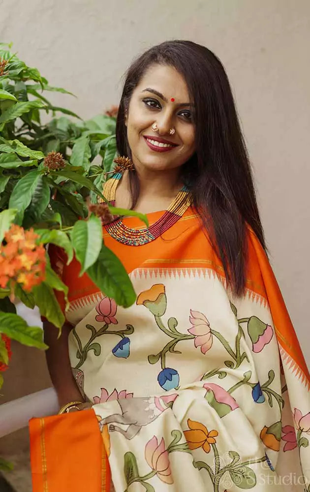 Hand painted kanchi kalamkari saree with pichwai cows and multi colour floral painting