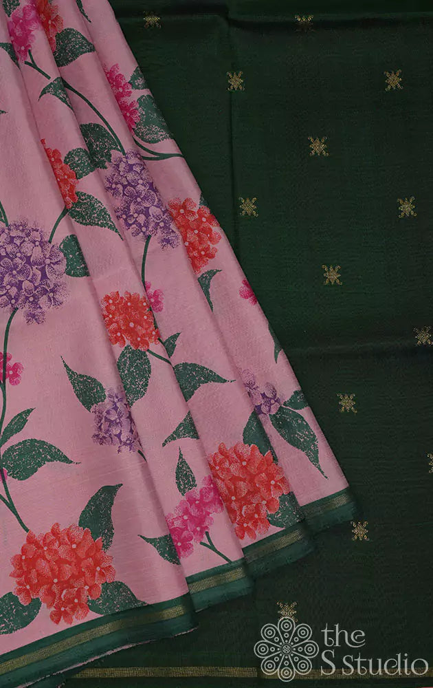 Digital printed pastel pink kanchi silk saree with green pallu