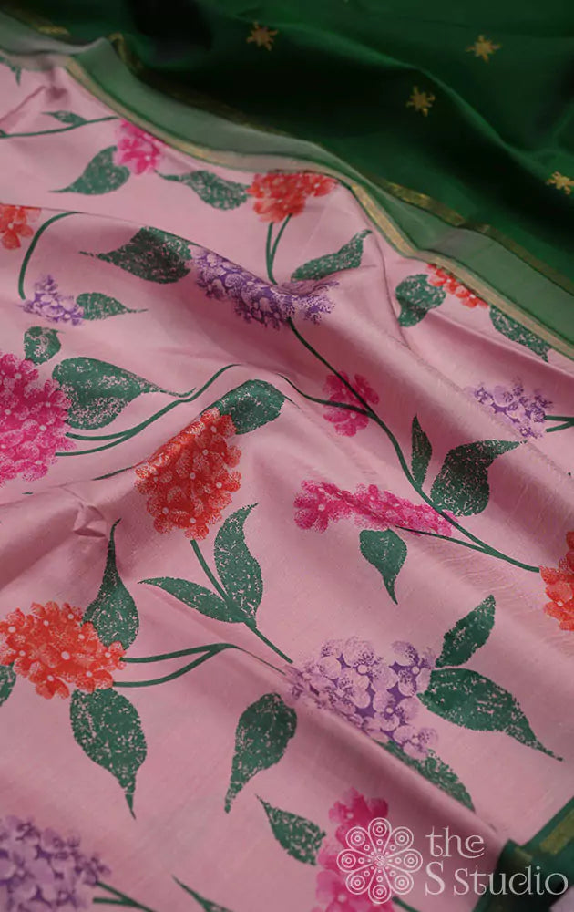 Digital printed pastel pink kanchi silk saree with green pallu