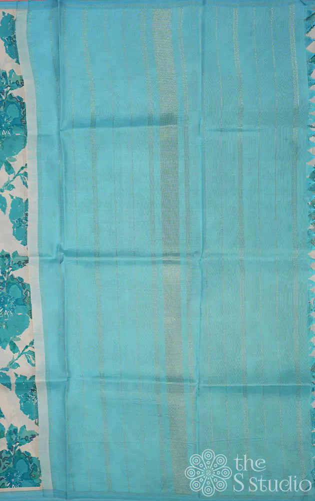 White with aqua blue printed kanchi silk saree