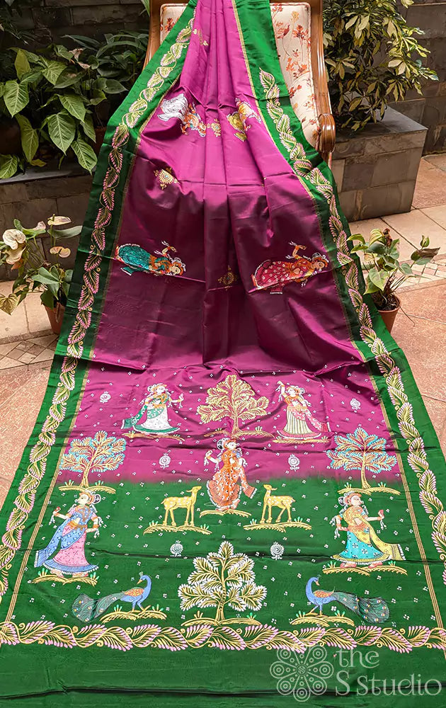 Hand painted pattachithra Purple soft silk saree