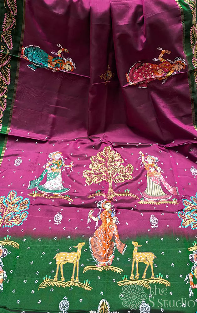 Hand painted pattachithra Purple soft silk saree