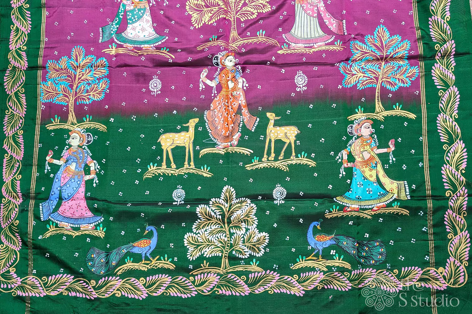 Hand painted pattachithra Purple soft silk saree