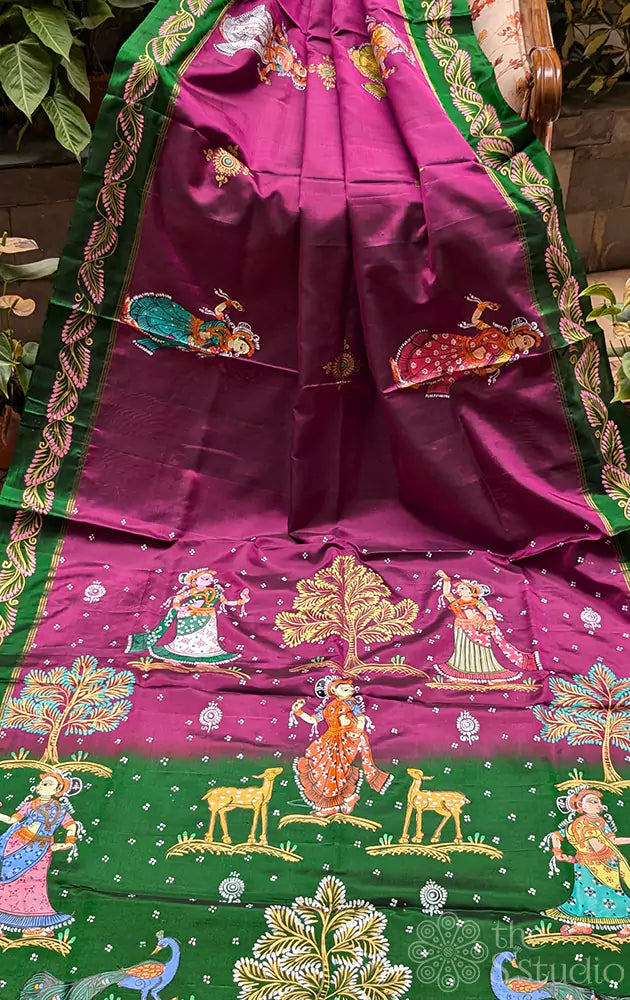 Hand painted pattachithra Purple soft silk saree