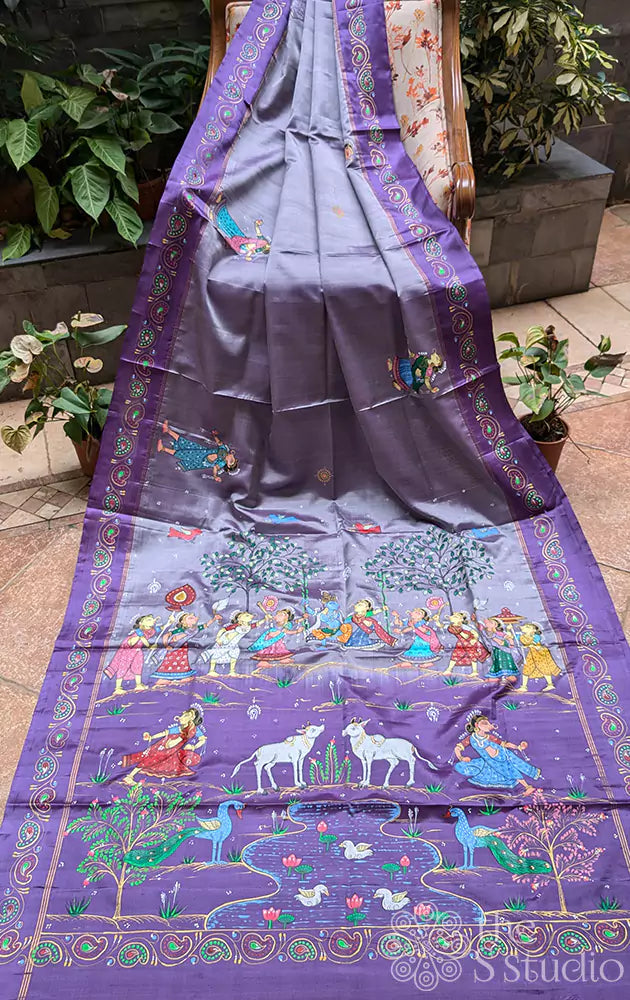 Hand painted pattachithra Lavendar soft silk saree