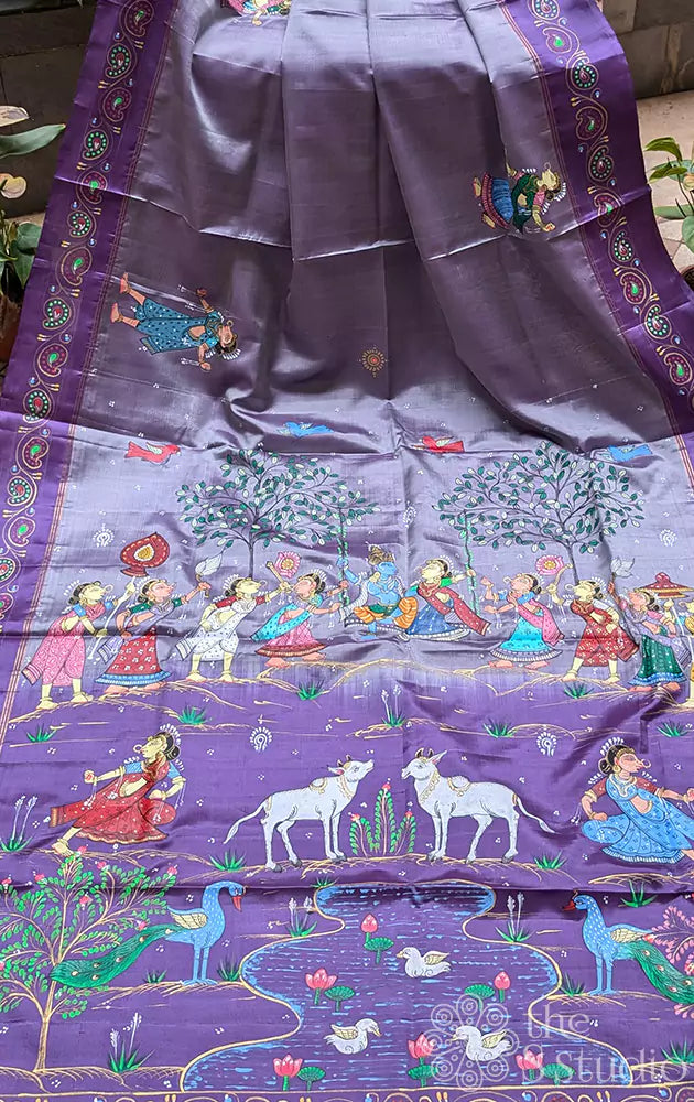 Hand painted pattachithra Lavendar soft silk saree