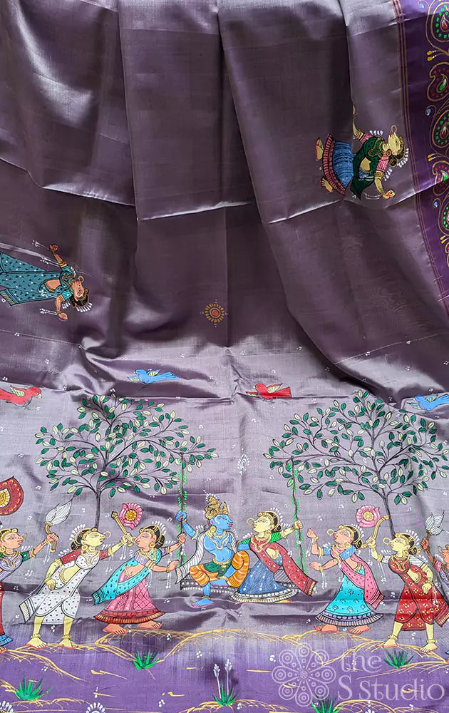 Hand painted pattachithra Lavendar soft silk saree