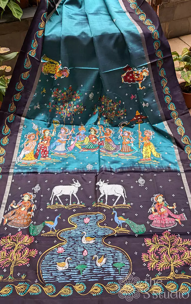 Hand pattachitra art on blue soft silk saree