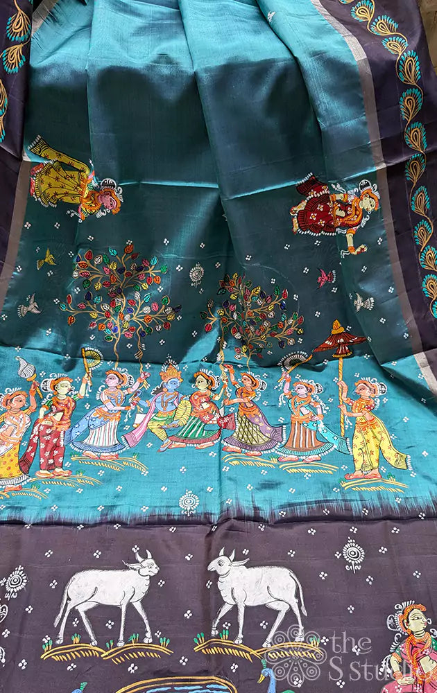 Hand pattachitra art on blue soft silk saree