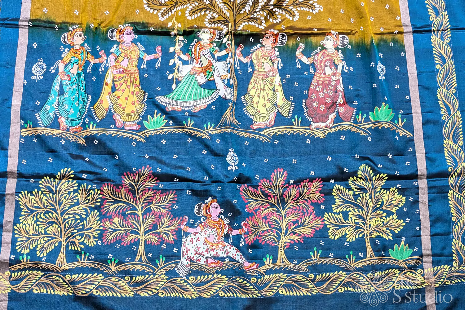 Methi green soft silk saree with hand painted pattachitra art