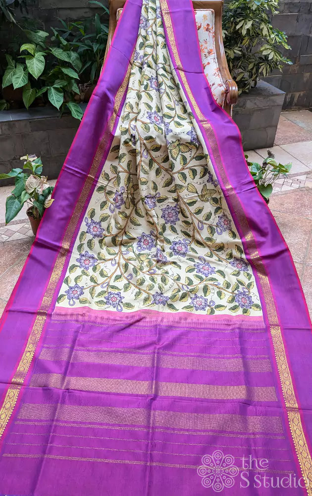 Off white hand painted kanchi kalamkari saree with  purple border