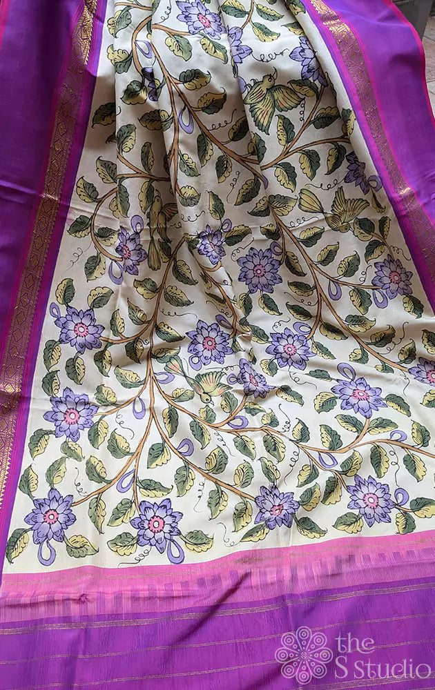 Off white hand painted kanchi kalamkari saree with  purple border