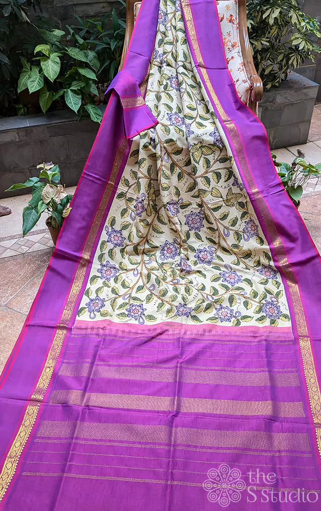 Off white hand painted kanchi kalamkari saree with  purple border