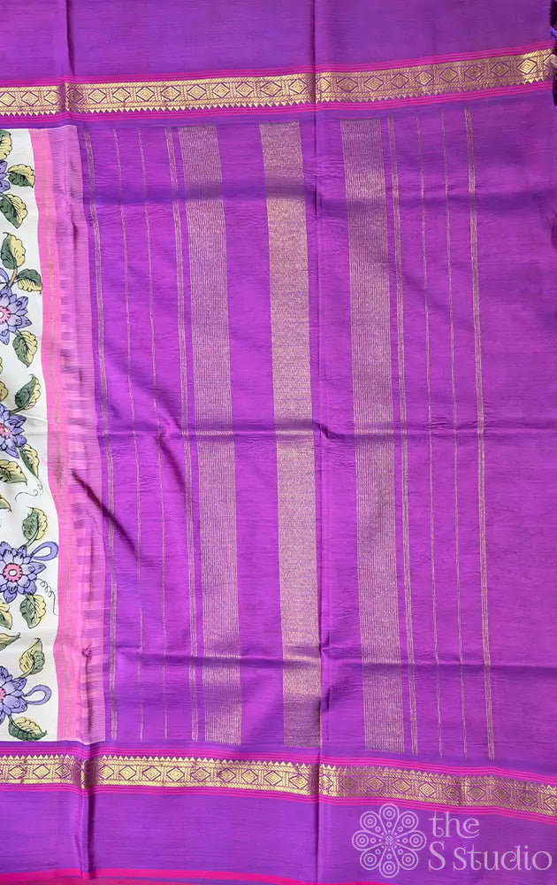 Off white hand painted kanchi kalamkari saree with  purple border