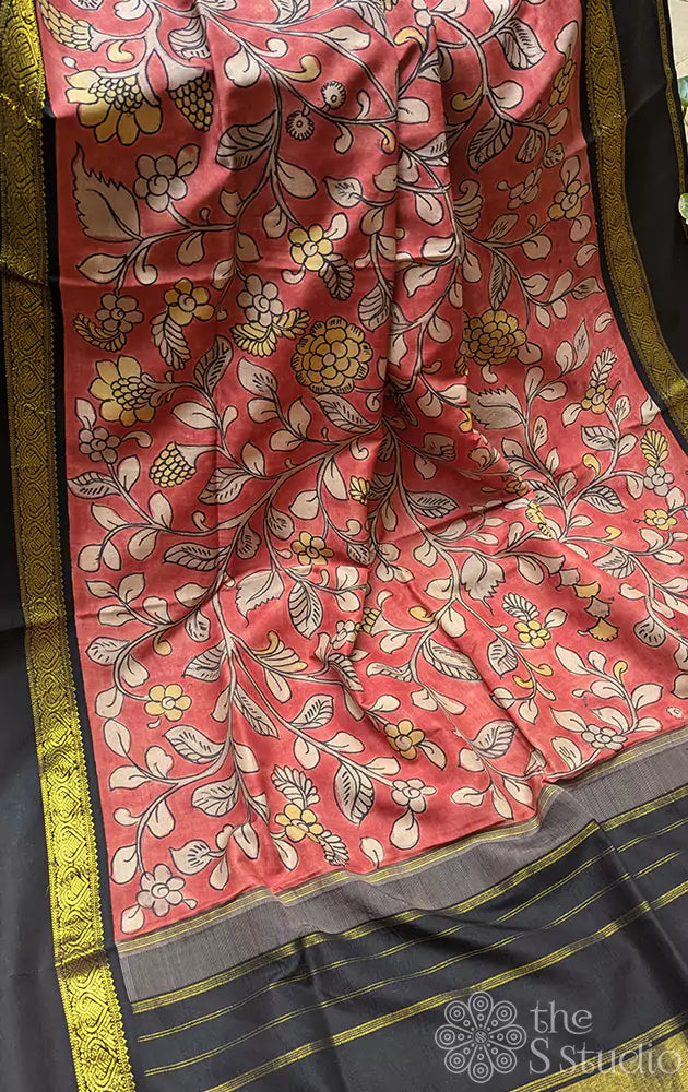 Red hand painted kalamkari on kanchi silk saree with black korvai border