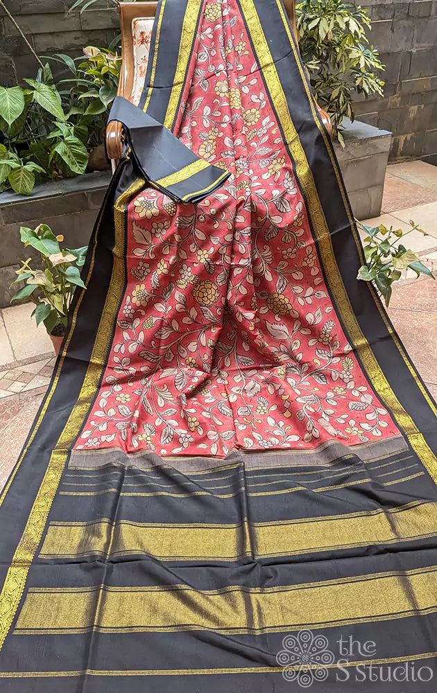 Red hand painted kalamkari on kanchi silk saree with black korvai border