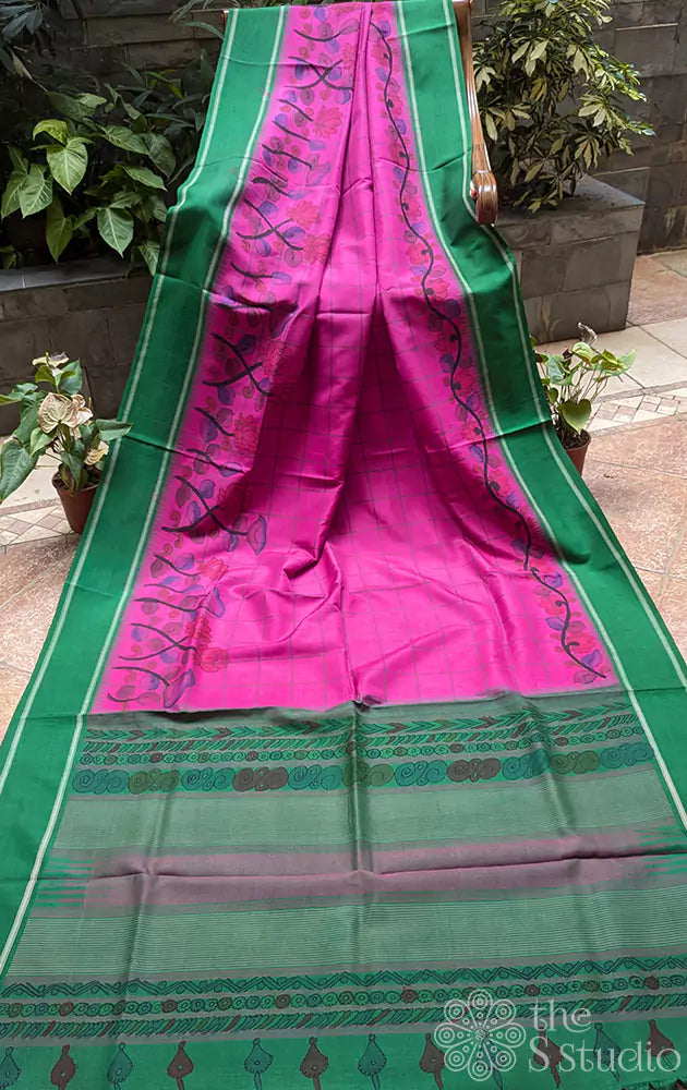 Rani pink kanchi silk saree with hand painted kalamkari  along the border