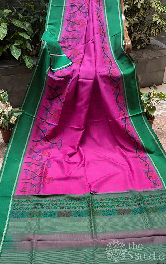 Rani pink kanchi silk saree with hand painted kalamkari  along the border