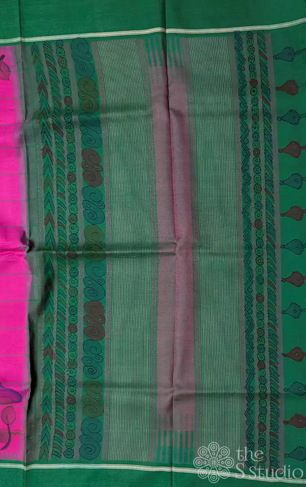 Rani pink kanchi silk saree with hand painted kalamkari  along the border