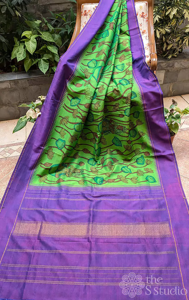 Light green kanchi silk saree with pen kalamkari work