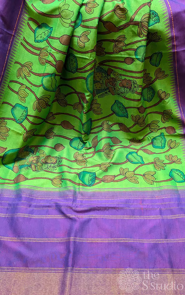 Light green kanchi silk saree with pen kalamkari work