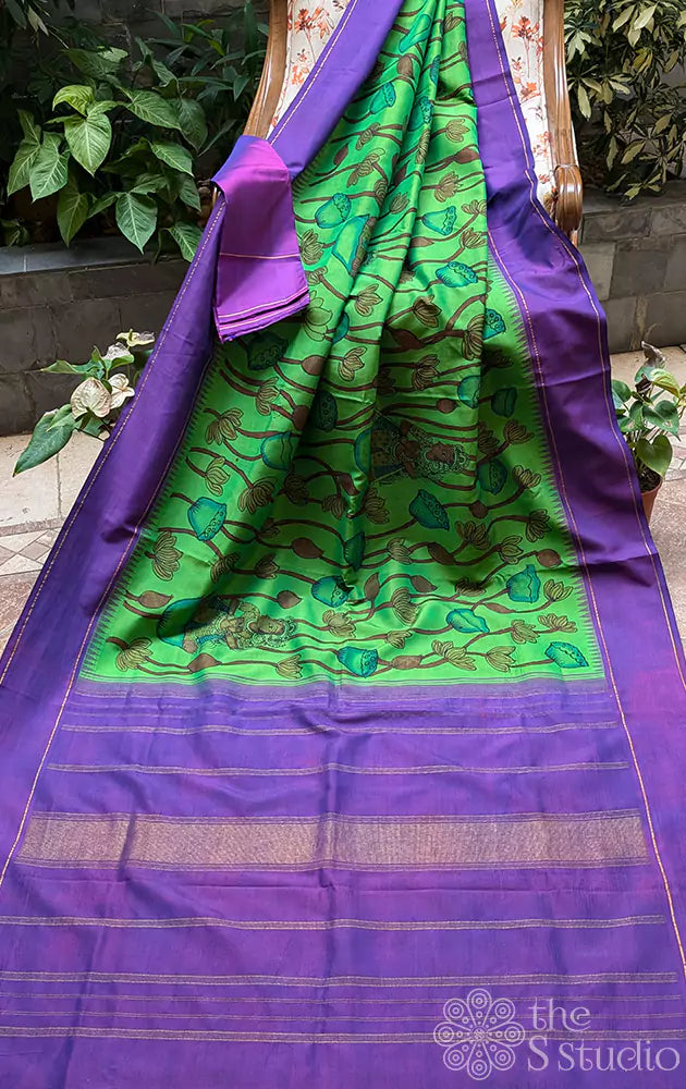 Light green kanchi silk saree with pen kalamkari work