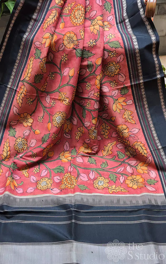 Madder red hand painted kalamkari on kanchi silk saree