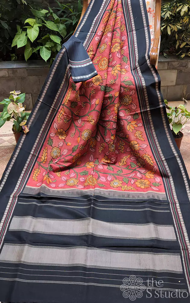 Madder red hand painted kalamkari on kanchi silk saree