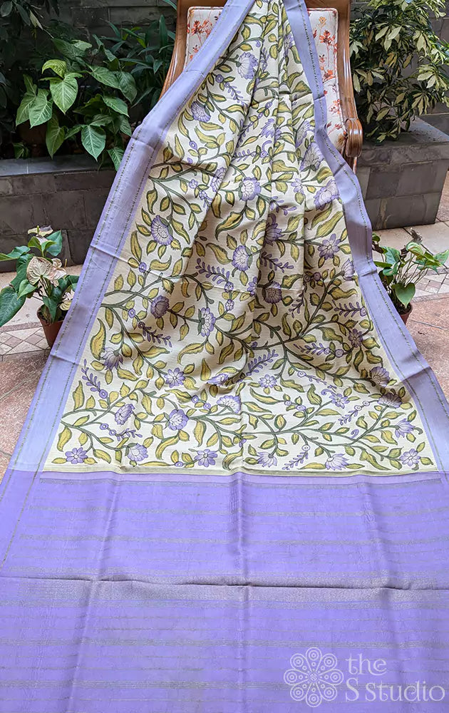 Off white hand painted kanchi kalamkari saree with lavender pallu