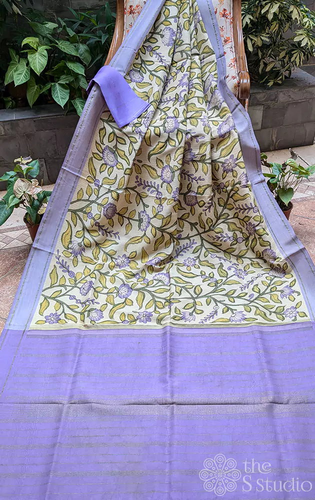 Off white hand painted kanchi kalamkari saree with lavender pallu