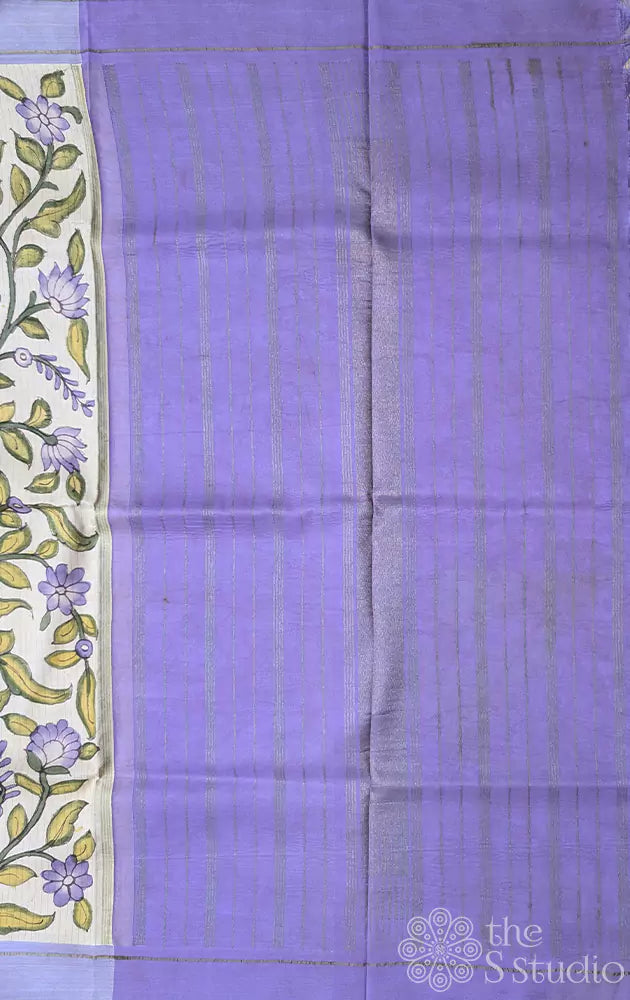 Off white hand painted kanchi kalamkari saree with lavender pallu