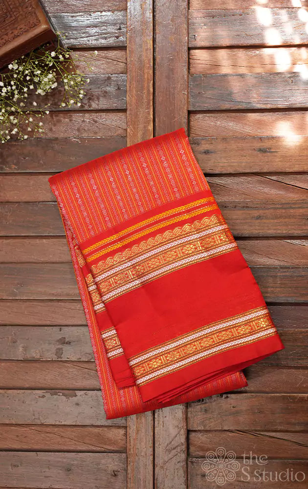 Red kanjivaram saree with thread woven body and a zari rich border