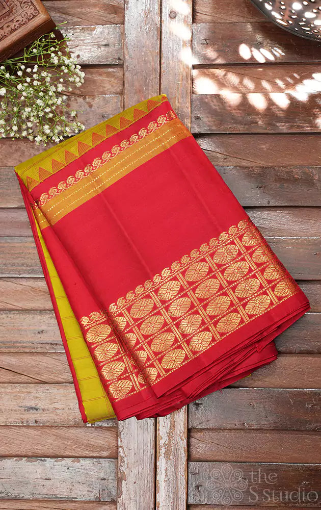 Green checked adai kanjivaram silk saree with red border