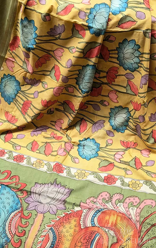 Yellow light weight silk with hand painted pen kalamkari
