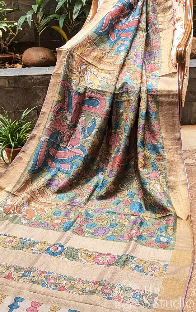 Light green handpainted kalamkari tussar silk saree with golden border