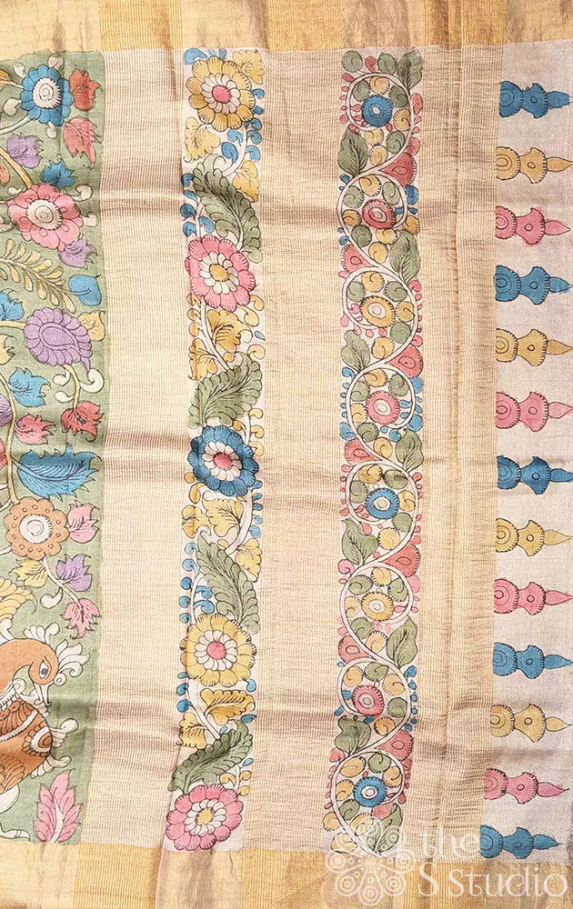 Light green handpainted kalamkari tussar silk saree with golden border