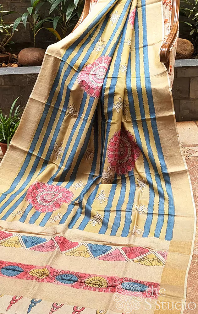 Yellow and blue pen kalamkari tussar silk saree