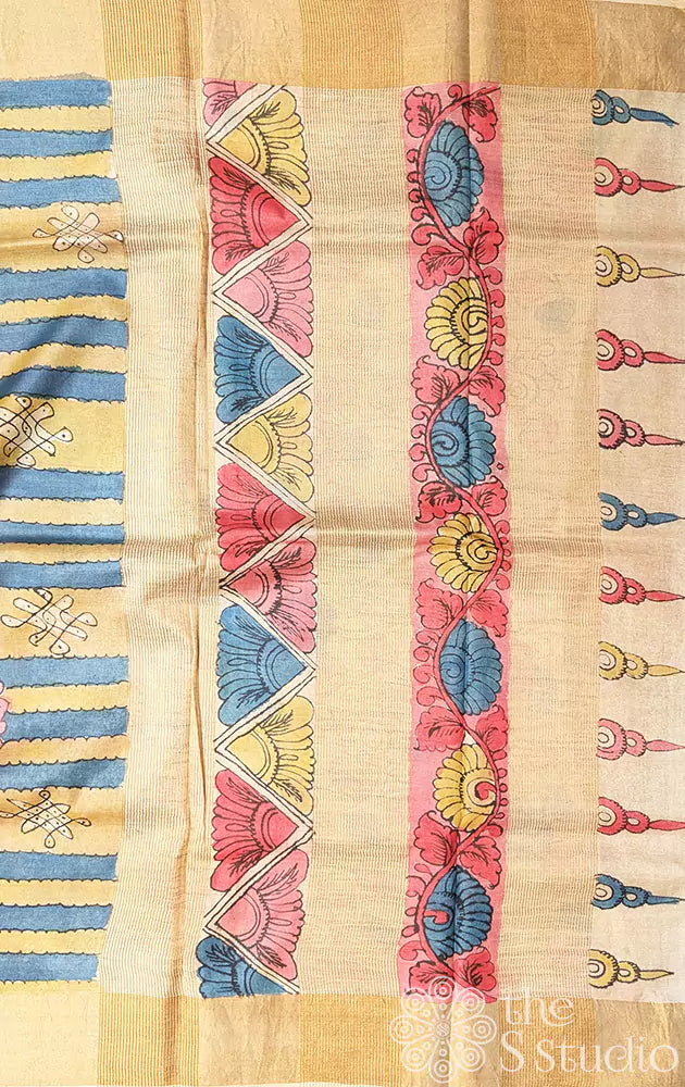 Yellow and blue pen kalamkari tussar silk saree