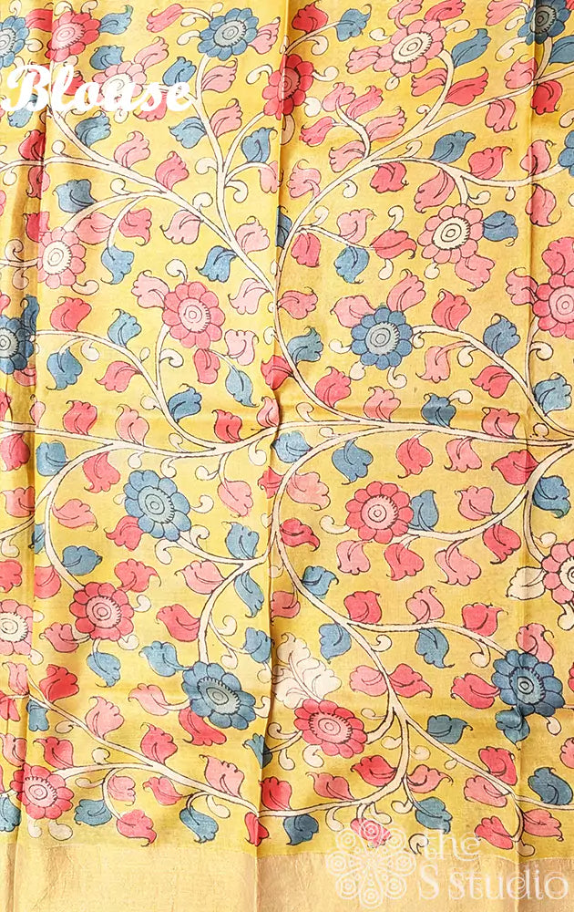 Yellow and blue pen kalamkari tussar silk saree