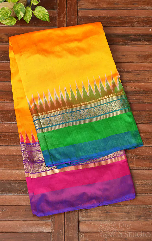 Mango yellow pochampally ikat silk saree with ganga jamuna border
