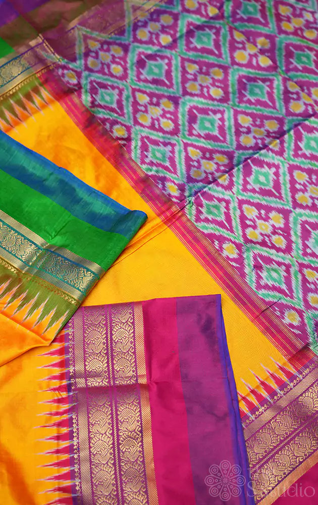 Mango yellow pochampally ikat silk saree with ganga jamuna border