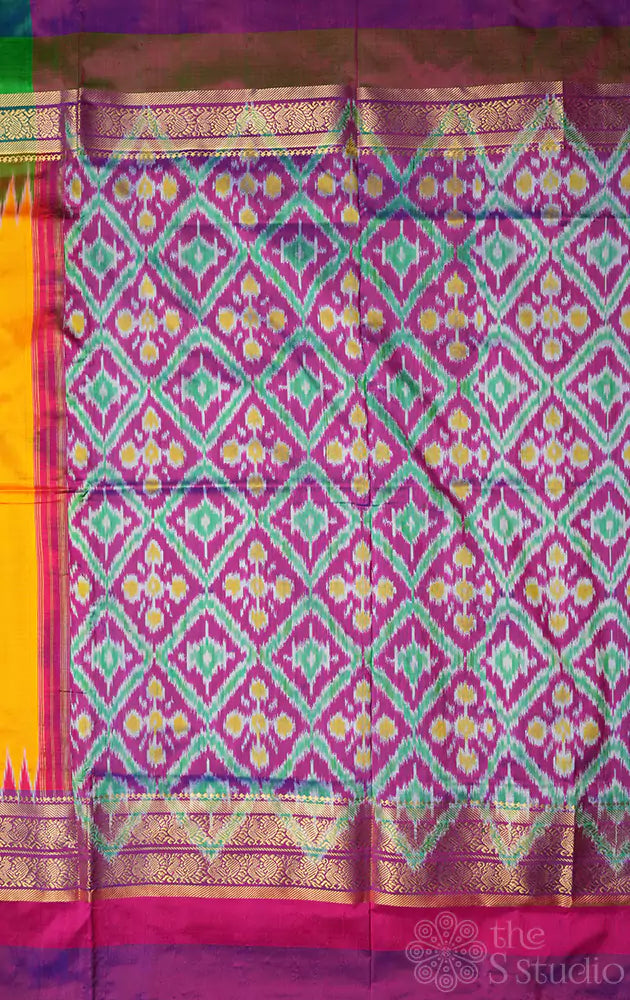 Mango yellow pochampally ikat silk saree with ganga jamuna border