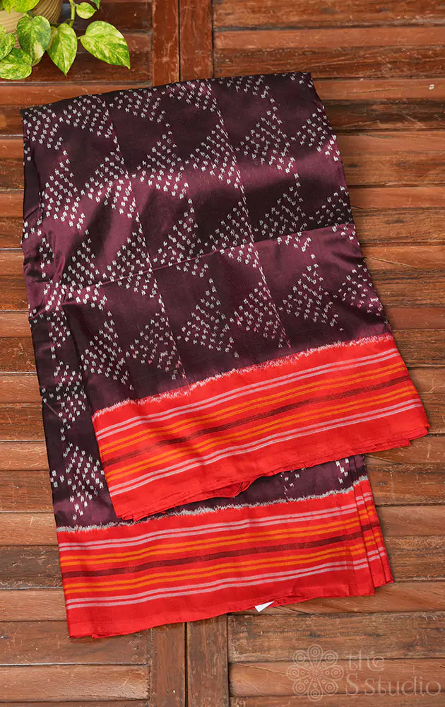 Brown twill ikat silk saree with red border