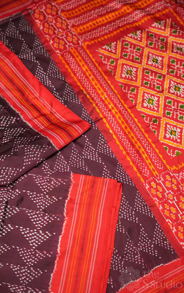 Brown twill ikat silk saree with red border