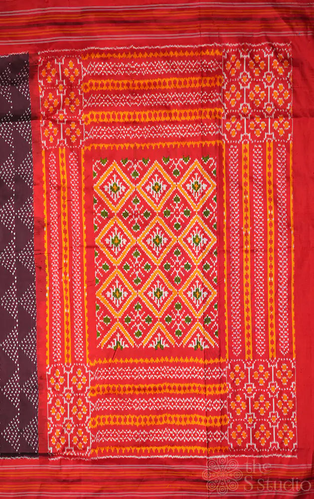 Brown twill ikat silk saree with red border